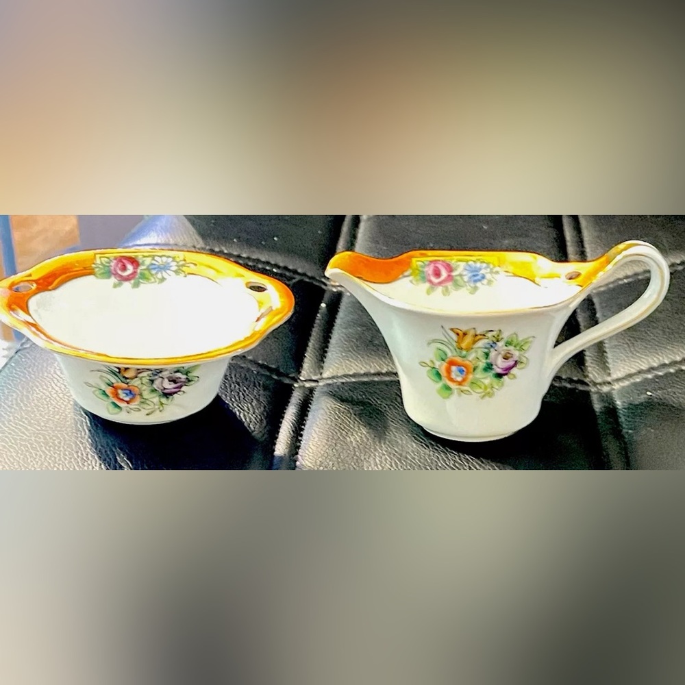 Vintage Noritake Hand-Painted Floral Orange & White Luster Creamer & Bowl
Japan